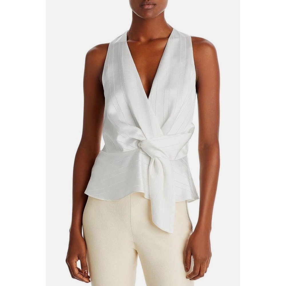 Ramy Brook Miles Sleeveless Front Knot Peplum Top Ivory White size Large NWT